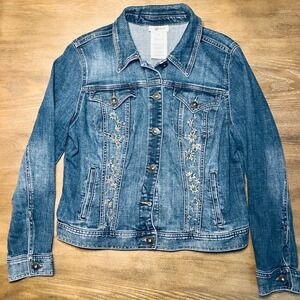 Style Co Womens Denim Jacket Medium Blue Embroidered Button Front Long Sleeve M